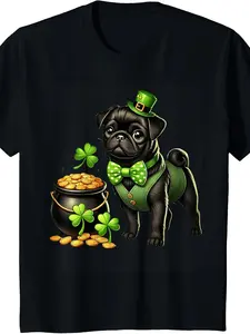 Cotton St Patricks Day pug dog men and women of the same style cute Tshirt cute pet black pug little dwarf clover theme mens dog Tshirt local warehouse delivery mens pattern Tshirt mens Tshirt theme rock Tshirt mens clothing cl...