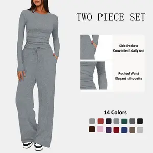Women's 2026 Fall Winter Lounge Set Short Sleeve Top High Waisted Wide Leg Pants Sweatsuit Tracksuit with Pockets