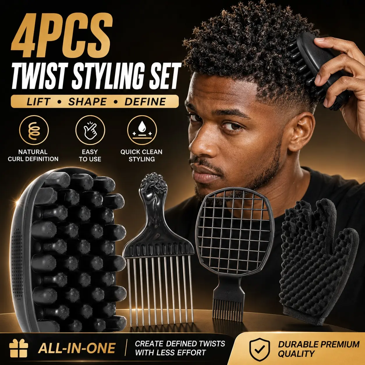 4PCS Curl Sponge Styling Set for Black Hair, Afro Twist Sponge Brush Kit with Dual-Head Metal Pick, Curling Brush, Brush for Curly Hair & Curl Comb, Scalp Massage Styling Tools for Coils, Twists, Locs & Natural Hair