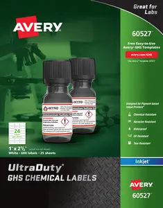 Avery UltraDuty GHS Chemical Labels for Pigment Inkjet Printers, Permanent Adhesive, Waterproof, UV Resistant, 1" x 2-1/2", 600 Labels (60527)