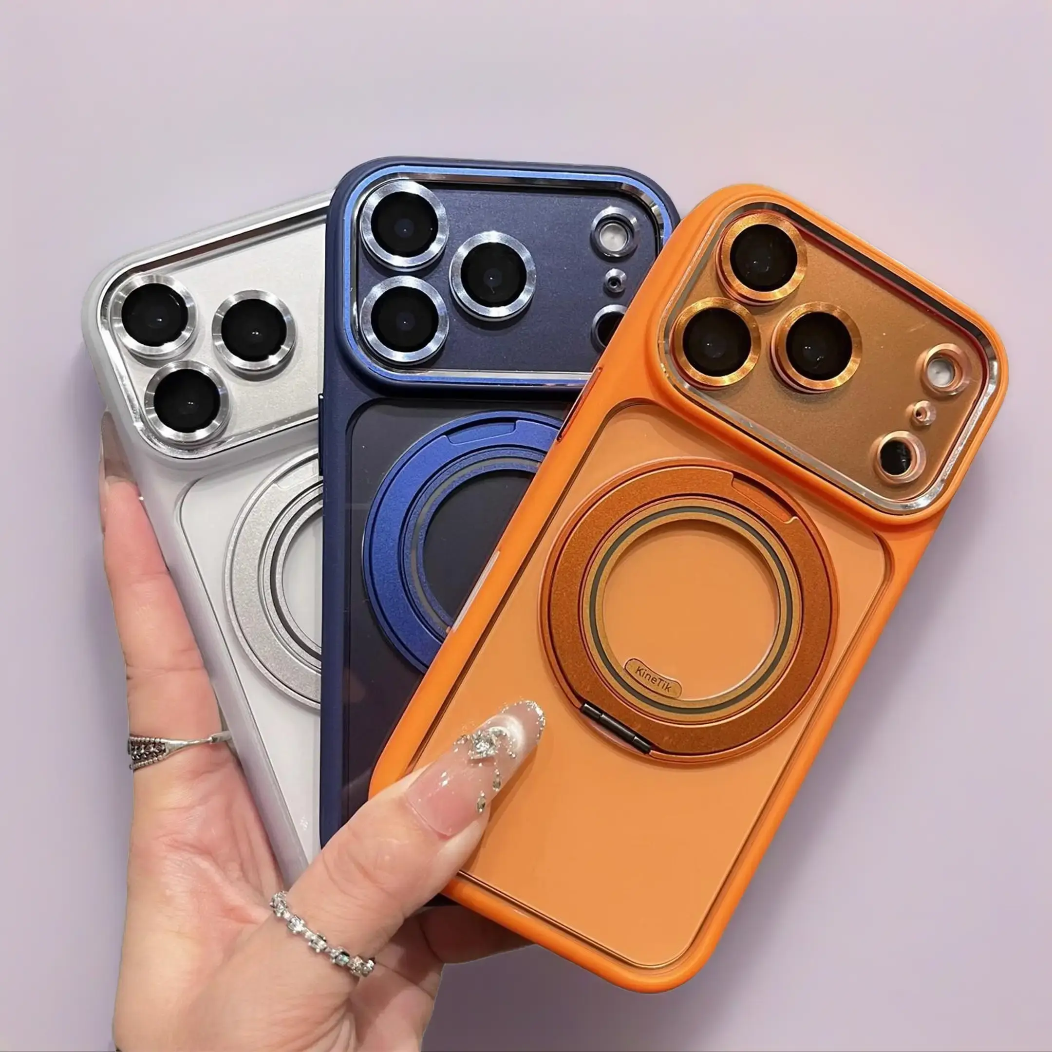Magnetic Rotating Metal Stand Phone Case for Multiple iPhone Models (14/15/16/17 Pro Max) - Transparent Nordic Acrylic Frame Protect Cover, Shockproof Anti-Drop, Wireless Handheld Device Accessory