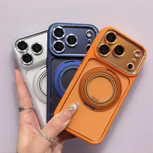 Rotating Magnetic Stand Smartphone Case - Transparent Light Luxury Anti-Drop Protective Cover, Compatible with iPhone 14/15/16/17 Pro Max, Wireless Handheld Cellphone Accessories