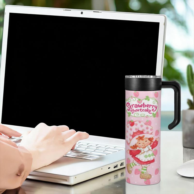 New 20oz Strawberry Shortcake Themed Insulated Stainless Steel Mug with Handle, Leak-Proof Portable Multi-Style Cup, Perfect for Coffee/Smoothies & Commute/Office/Picnic, Ideal Gift for Dessert Lovers