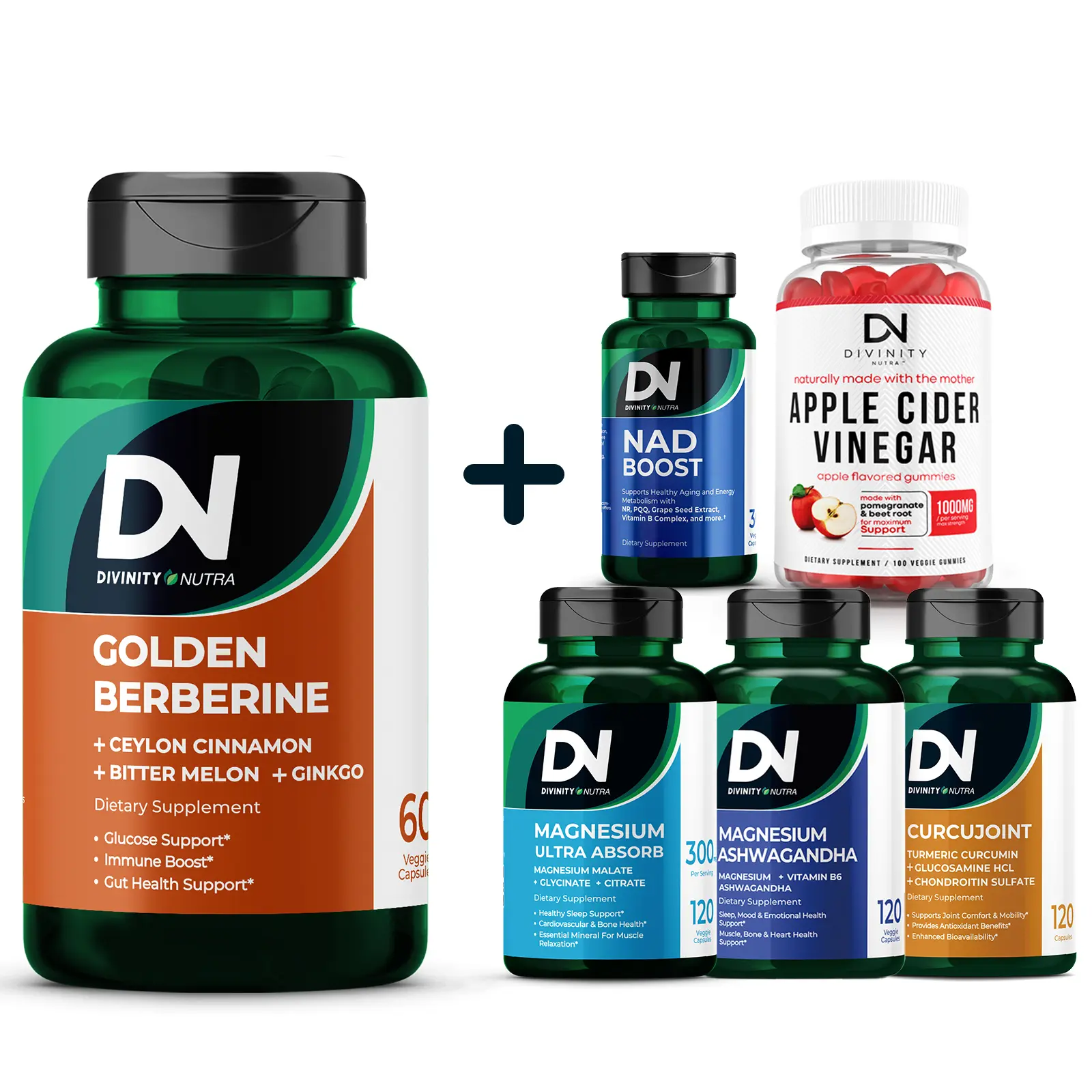 DN 4-in-1 Golden Berberine Supplement 1500mg + 1 of 5 Options, Glucose Support, with Ceylon Cinnamon, Bitter Melon, Ginkgo, Support Gut Health, Metabolism, Wellness, 60 Capsules, Divinity Nutra Healthcare Dietary