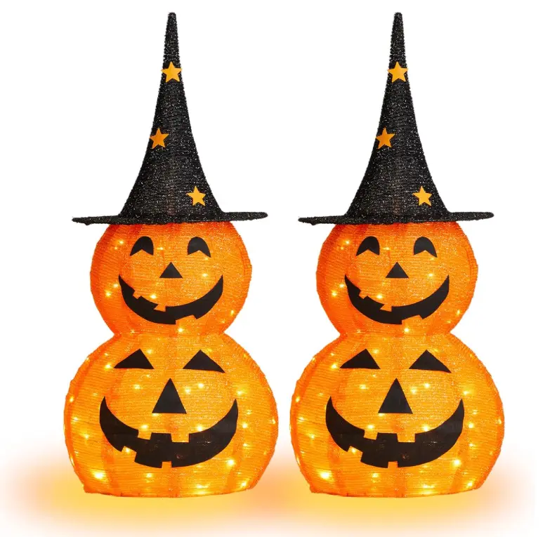 Ubesgoo 5FT Spooky 3-Tier Stack Artificial Pumpkin Ornament - Luminous Lightweight Collapsible Stretchable Jack-o'-Lantern with Witch Hat, 100 Warm White LED US Plug Light, Easy Install for Halloween Decoration, Outdoor Holiday Decorations, Event Venue