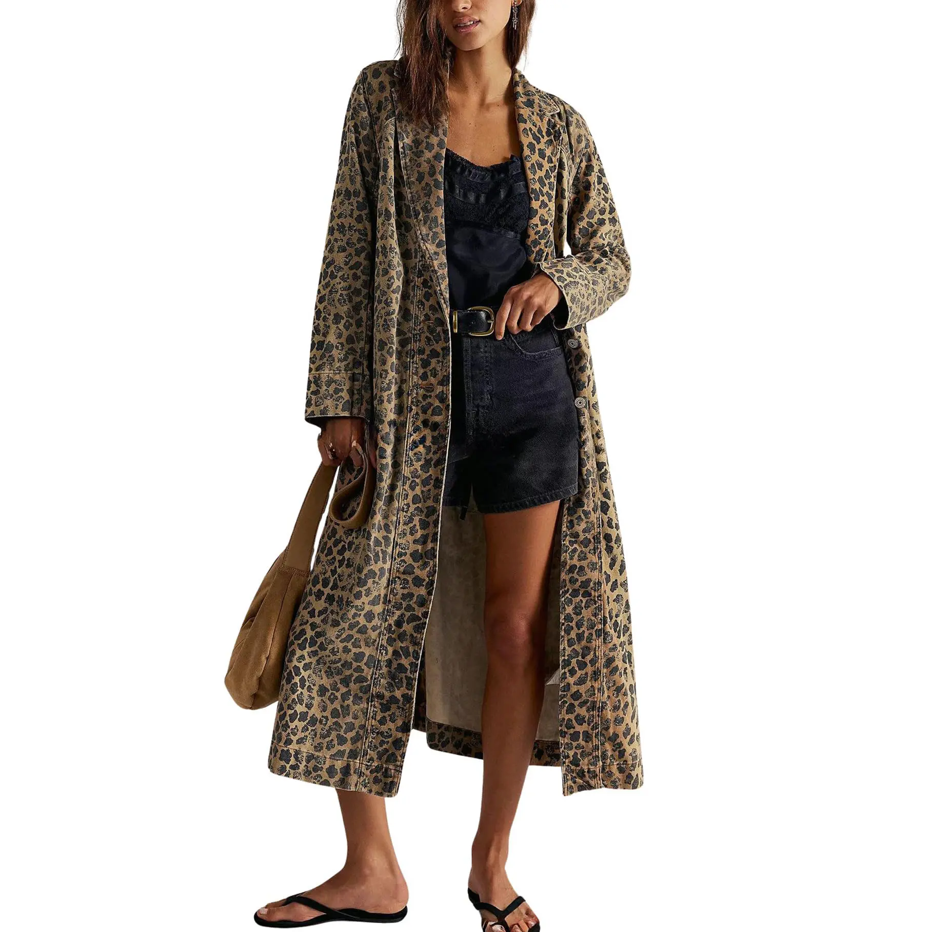 Chouyatou Women’s 2026 Fall Distressed Midi Denim Trench Coat Leopard Print Long Jean Overcoat Jacket