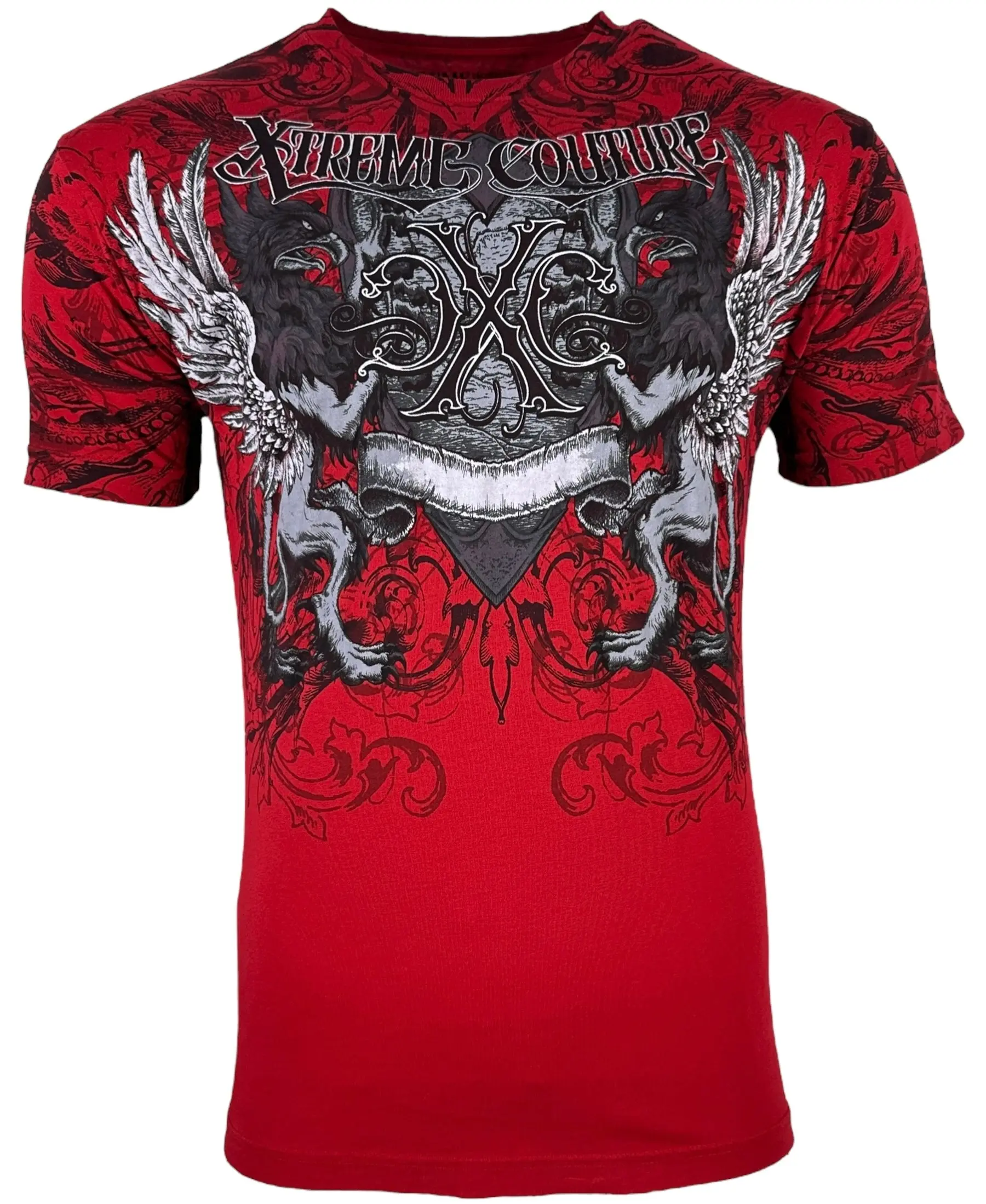 Xtreme Couture by Affliction Men's Emperor Round Neck T-Shirt - Red 100% Cotton Graphic Print Top, Shortsleeve, Casual Fitted Streetwear, Tshirt, Casual Gothic, Lightweight, Graphic Front, Fitted Cut, Biker, Cold Wash, Pull On, Gothic Biker, Printed Both,