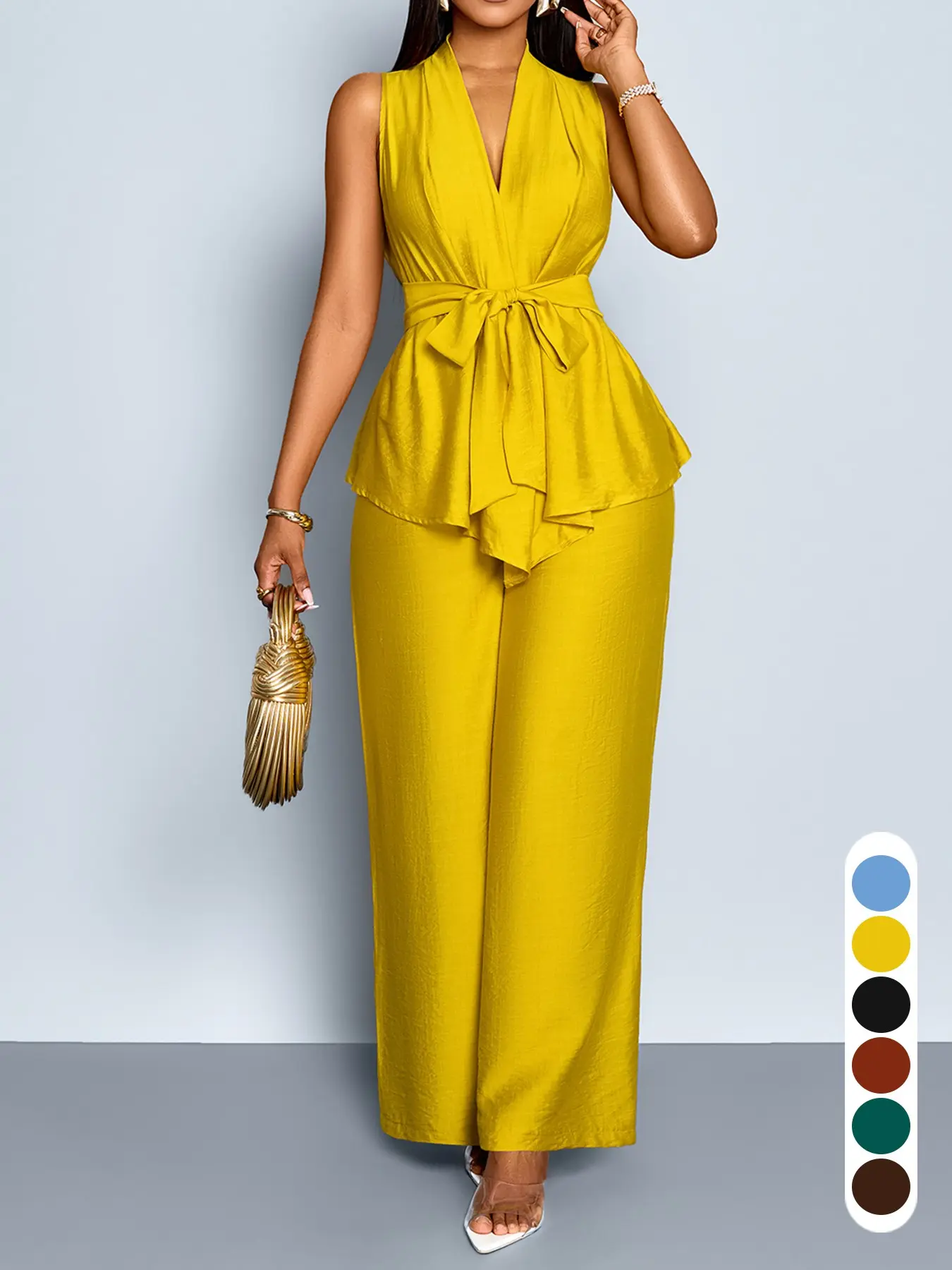 Women's Summer Casual Elegant Chic Style Two-Piece Set, Deep V Neck Sleeveless Flowy Blouse & High Waist Wide Leg Pants, Drawstring Bowknot Design, Daily Wear, Clothes