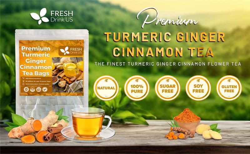 Turmeric Ginger and Cinnamon Tea, 100% Natural, Anti-Inflammatea. 100% handmade, Eco-conscious Tea Bags. No Sugar, No Caffeine, No Gluten, Vegan.