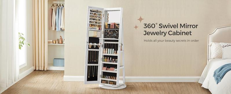 SONGMICS LEDs Lockable Jewelry Mirror Cabinet,Standing Jewelry Armoire,, Frameless Full-Length Mirror, 3 Storage Shelves Christmas Gifts Decor