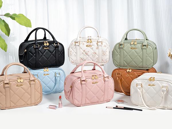 Bagstellar Wide-open  Makeup Bag, PU Leather Toiletry Bag for Women, Quilted Travel Bag Organizer Water-resistant Cosmetic Bag with Handle for Toiletries, Essentials, Accessories