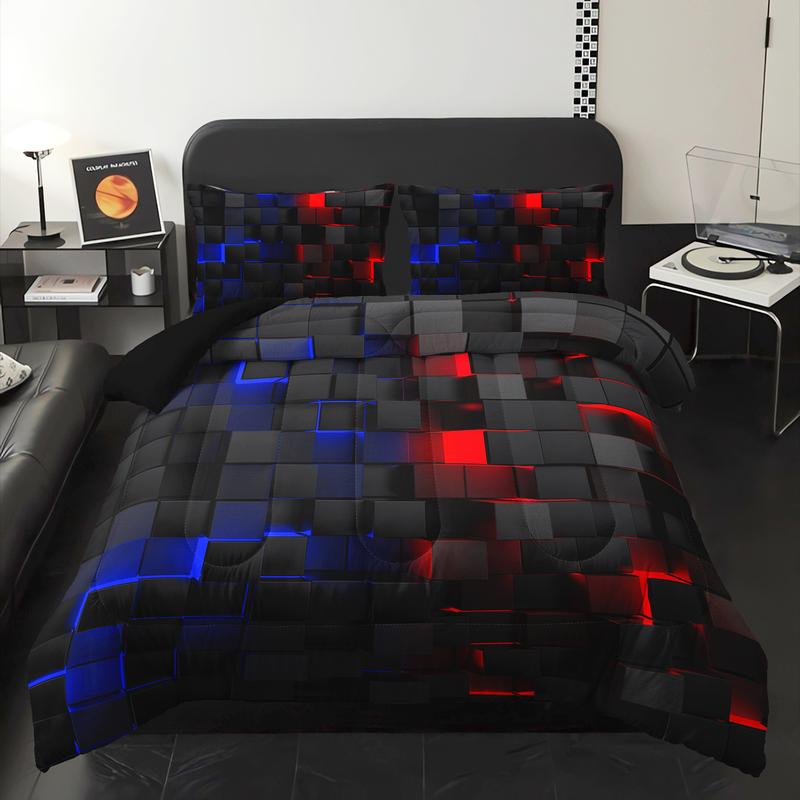 3pcs Red Black Grid Quilt Virtual Space Bedding Set for Adults Bedroom Decor,  futuristic tech vibe Quilt Set Comforter with 2 Pillow Shams Gifts for the Family