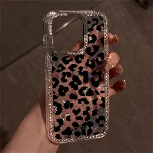 Black Leopard Luxury Rhinestone Fashion Phone Case Transparent Sparkling Diamond Border Star Anti-Drop Cover for iPhone 17 Pro Max 17 Air 16 15 14 Plus 13 12 11 Christmas New Year Easter Halloween Gift