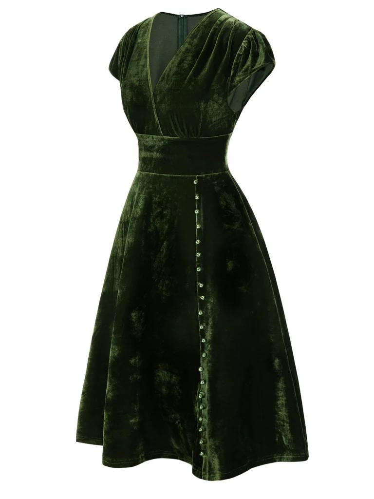 1940s Deep V-Neck Pearl Velvet Dress with Fur Buttons Vintage Casual Polyester Green Womenswear