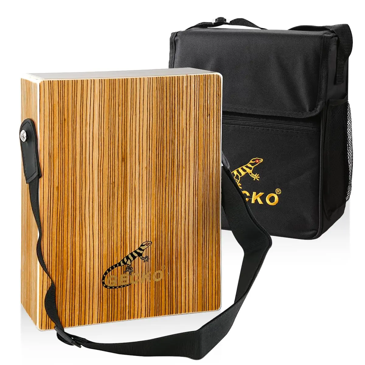 GECKO Wooden Birch Travel Cajon Box Drum - Hand-Crafted Percussion Instrument with Adjustable Guitar Strings, Hex Key Fine-Tunes Guitar String Tension, 3.59 lbs, 13.62 x 11.18 x 5.24 Inches, Comfortable Padded Shoulder Strap Carrying Bag for Shows