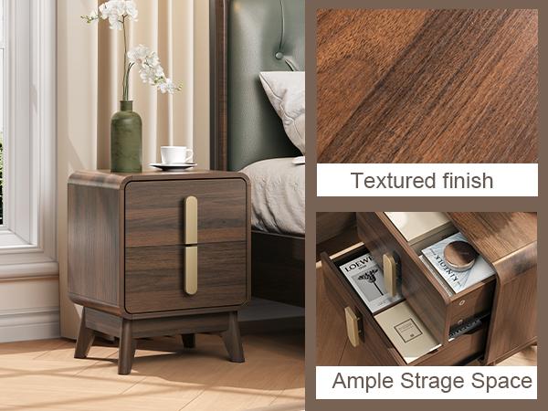 2-Pc Mid Century Nightstands, Dark Walnut Bedside Tables w/Drawers & Metal Handles, Solid Wood Feet