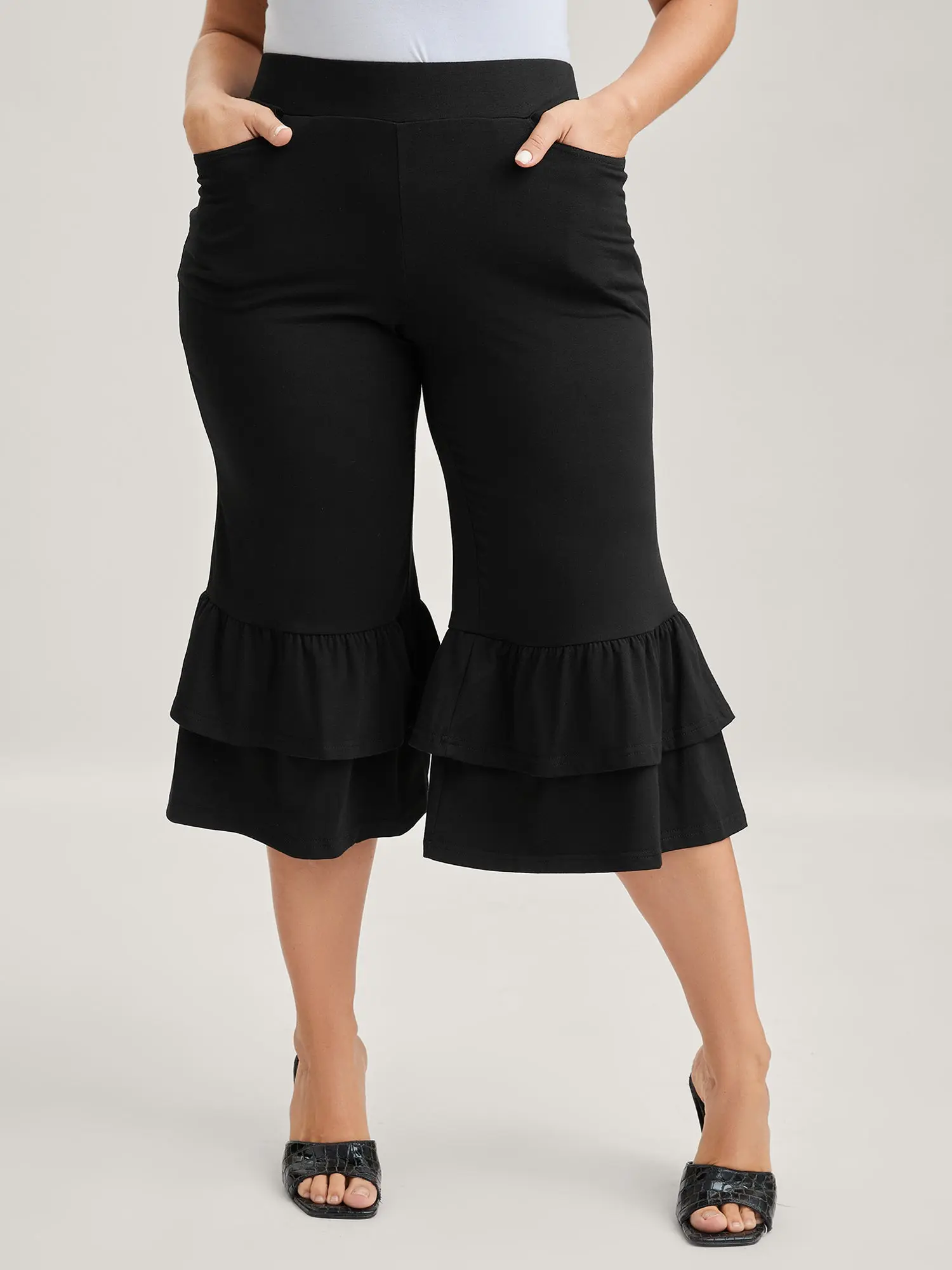 【Y2K】【Pocket Approved】BLOOMCHIC Plus Size Y2K Flare Pants [M-6X] - Black Ruffle Hem Stretch Pants with Pockets, High Waist Casual Comfy Trousers, Trendy Everyday Bottoms,Summerfinds,back to school shopping