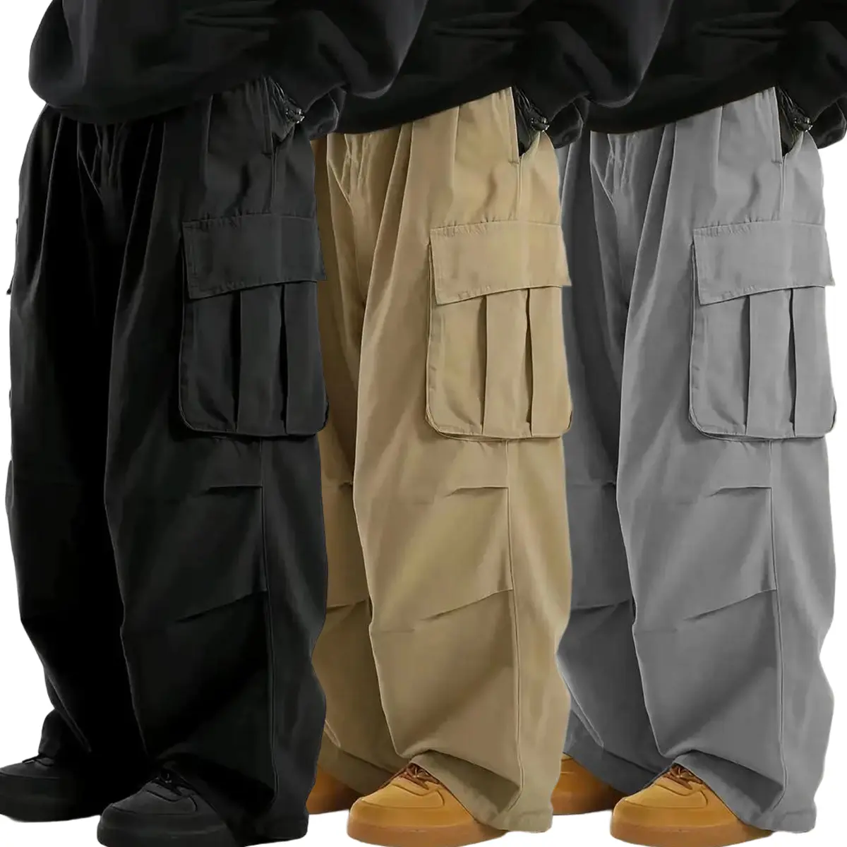 Men’s Loose Cargo Pants with Pocket, True Size, Casual Plain Menswear Clothes, Elastic Waistband Drawstring Closure, High Street Streetwear Dance Pants, Functional Everyday Wear