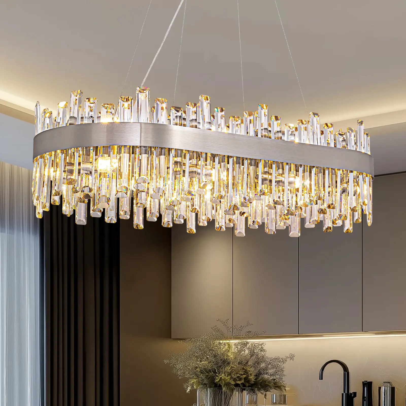 Chrome Led Modern Crystal Chandelier,Rectangle Chandeliers for Dining Room | 35.4" Linear Dining Room Chandelier over Table,Luxury Rectangular Contemporary Light Fixture for Living Room Kitchen Island