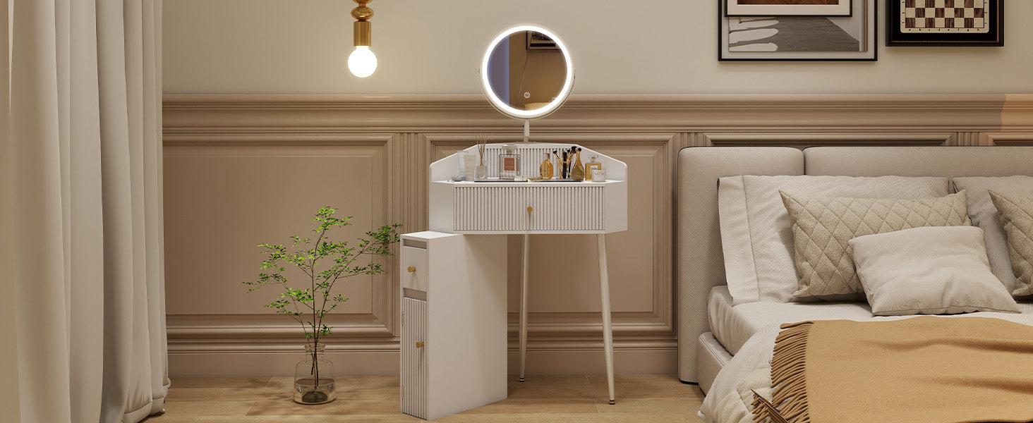 Corner Makeup Vanity Desk with Retractable and Rotating Mirror and Lights Small Modern White Makeup Vanity Set with Glass Top for Women Compact Girls Dressing Table with Drawer for Small Space MVD8004
