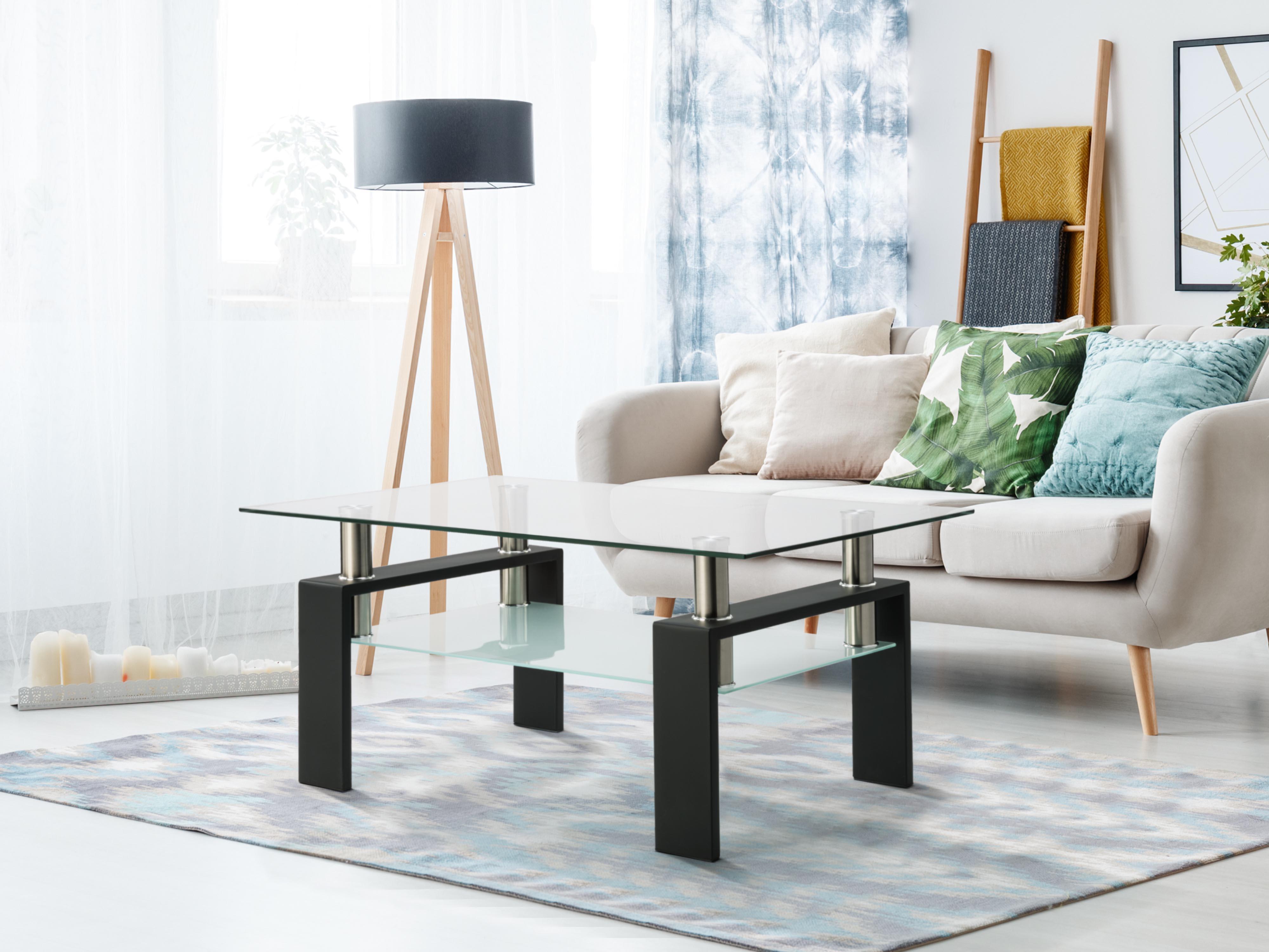 Shipping Included Modern Glass Coffee Table White Living Room Rectangle with Tempered Glass Metal Tube 2 Layers Storage for Small Space & Waiting Room