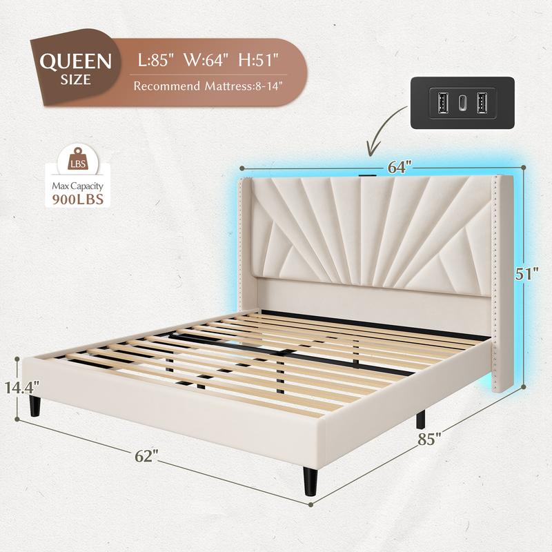 Raybee Full/ Queen/King Size Bed Frame with 51" Velvet Upholstered Headboard, up to 900 LBS ,Platform Bedframe with Charging Station and LED Lights, Wingback Headboard, No Box Spring Needed, Noise-Free[Black Friday]