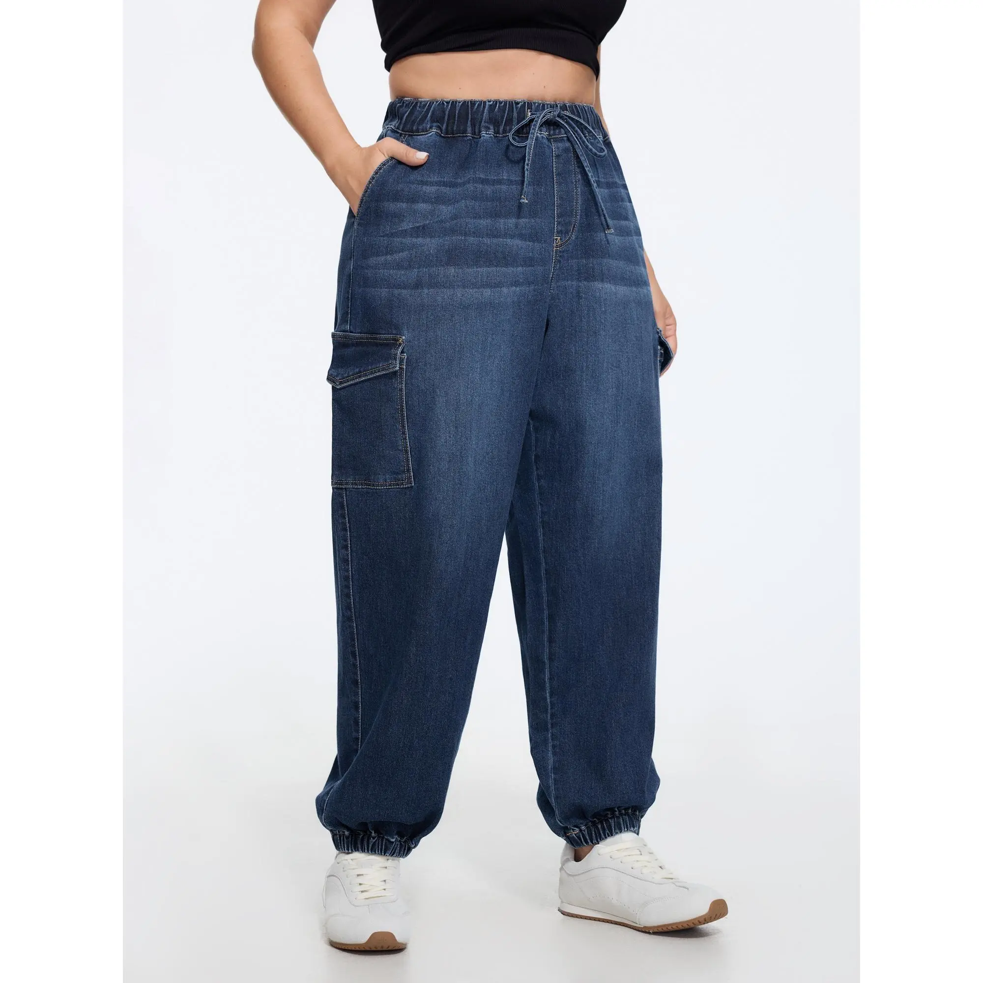 BLOOMCHIC Lady's Plus Size Cotton-Spandex Cotton Trousers - Stretchy Elastic Waist, Cargo Pockets, Relaxed Flattering Fit Women's Bottoms, Basic Denim Cargo Joggers [M-6X] 2026 Summer Finds