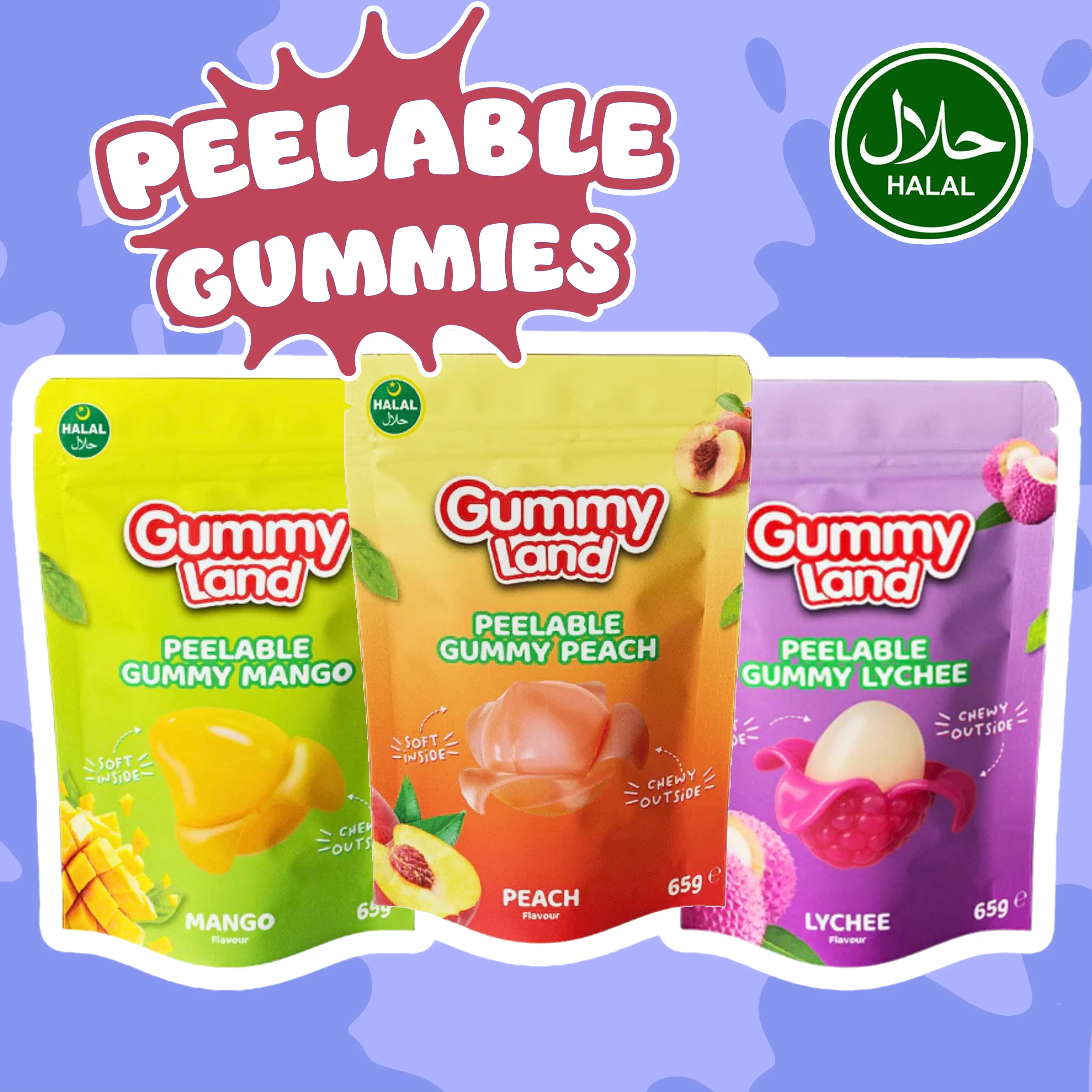 Halal Peelable Gummy Candy – Peach, Lychee & Mango (65 g) Halal Peelable Gummy Candy – Peach, Lychee & Mango (65 g)