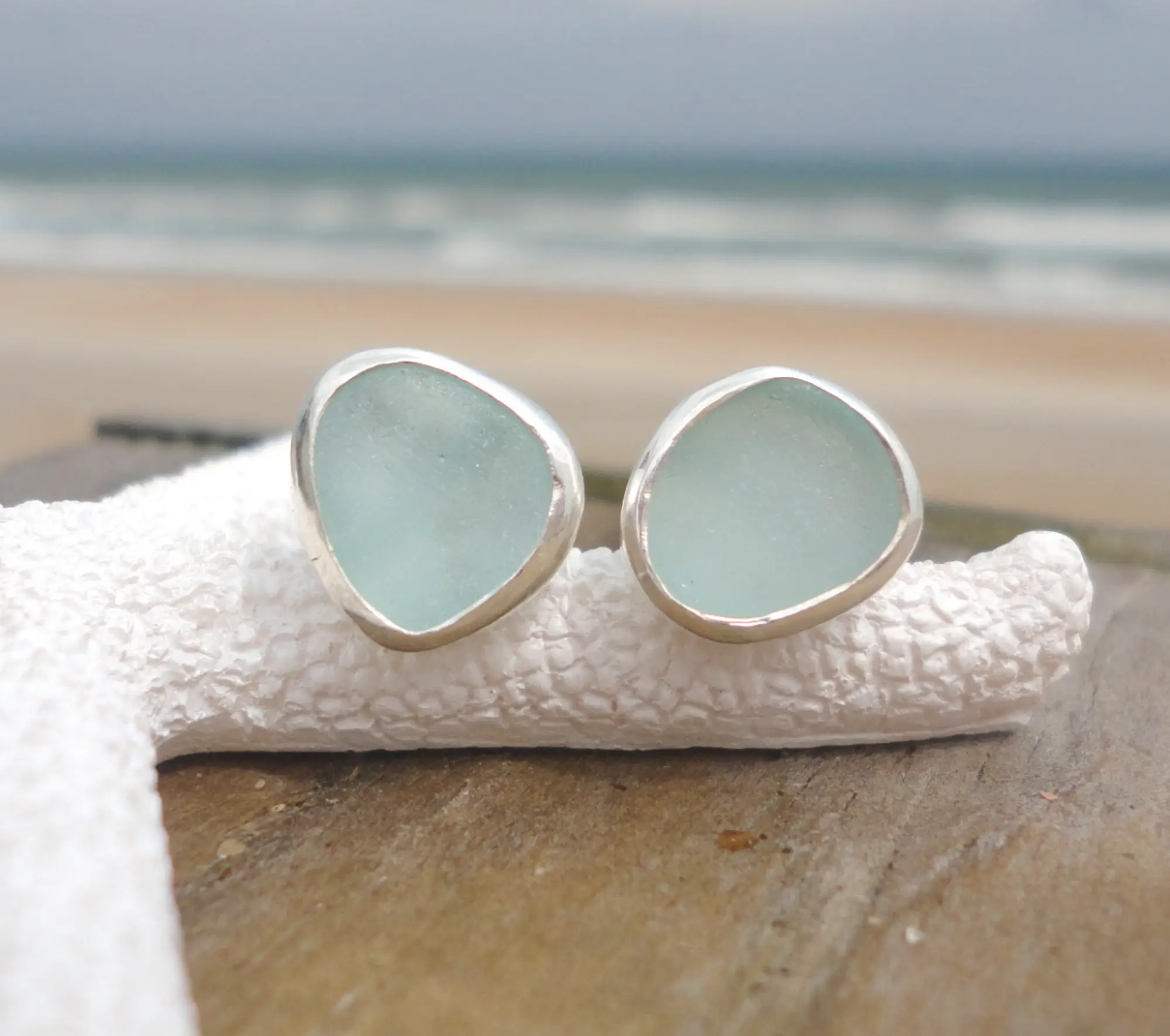 Sea Glass Sterling Stud Earrings in Various Colors - Hand Tumbled Recycled Glass, Custom Card Included, 8-12mm, 925 US