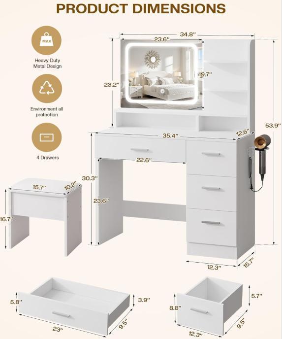 WeCharmer Vanity Desk Set with Square Mirror, 23.62''D x 15.74''W x 53.93''H, Includes 2 Drawers, 3 Storage Shelves & 2 Closed Storage Dividers Furniture Bedroom Modern Table White Organization Aesthetic Design Minimal