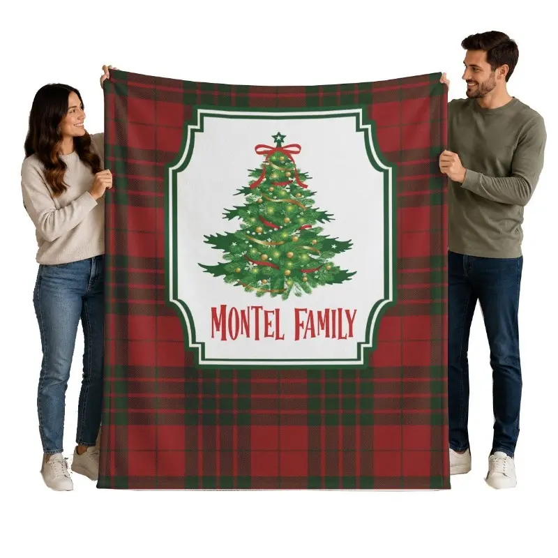 Personalized Christmas Tree Blanket  Custom Family Name Throw  Red Plaid Holiday Blanket  Farmhouse Christmas Gift  Rustic Winter Decor