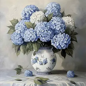 5D Diamond Painting Kit for Adults,Elegant Blue & White Hydrangea Bouquet in Porcelain Vase, DIY Floral Art Craft for Timeless Home Wall Decor & Gifts