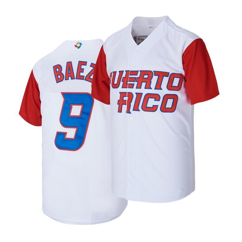 Men’s #9 Baez Puerto Rico Baseball Jersey, White Printed Team Shirt, Classic Professional Game Uniform, Retro Athletic Sportswear for Baseball Fans