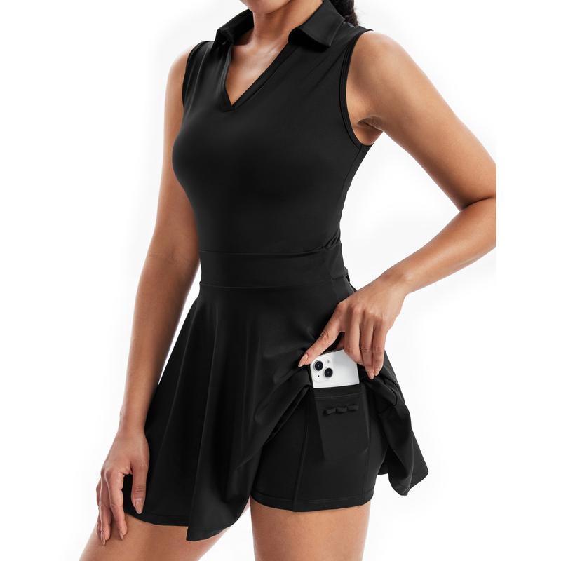 Women's 2 in 1 Drawstring Athletic Tennis Golf Dress Underneath Workout Active Mini Tennis Attire with Built-in Shorts, Dress for Women, Solid Sleeveless Pocket Dress, Tracksuit Ladies Sportswear for Exercise Pickleball, Gym Wear, Athletic Dress