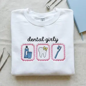[MADE IN US] Embroidered Dental Girly Sweatshirt, Aesthetic Dentist Hoodie, Cute Tooth with Bow Apparel, Dental Hygienist Fashion, Dental Assistant Gift