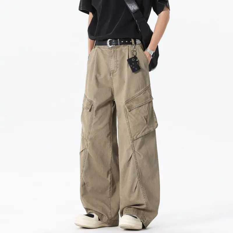 Men's Heavyweight Cargo Pants, Retro Wide-Leg Trousers with Large Pockets and Button Closure, Ideal for Matching Outdoors Streetwear, Fashion Apparel