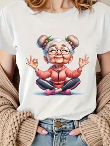 Women's Meditating Grandma T-Shirt - Short Sleeve Round Neck Casual Top with Zen Meditation Print, Funny Grandma for & Casual Attire, Machine Washable - Tee