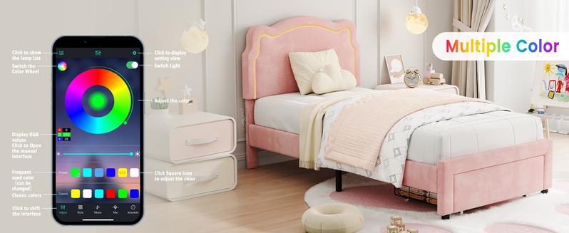 Twin Upholstered Smart LED Bed Frame With Adjustable Headboard, Velvet Princess Platform Bed Frame , Wooden Slats Support, No Box Spring Needed, Easy Assembly,Pink