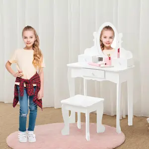 Kids Vanity Set with Mirror and Drawers - Princess Makeup Dressing Table and Stool Playset for Girls Ages 4-9 - Wooden Pretend Play Set for Creative Dress-Up Fun/Birthday Gifts and Room Decor - White
