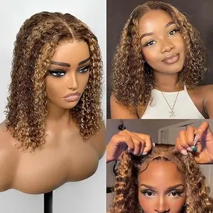 Ombre Highlight  Wave Curly BOB Lace Front Wigs Human Hair Pre Plucked Wear And Go Glueless Honey Blonde And Brown 13x4 HD Short Curly Frontal BOB Wigs For Black Women 14 Inch  4/27