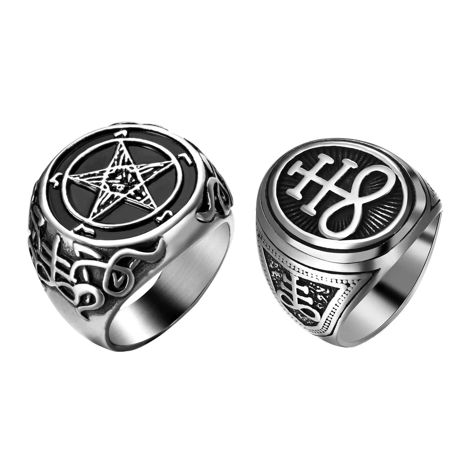 Gothic Signet Rings for Men, 2-Piece Stainless Steel Baphomet Lucifer Sigil Talisman Jewelry, Male Biker Amulet Gift for Dads on Thanksgiving, Size 10