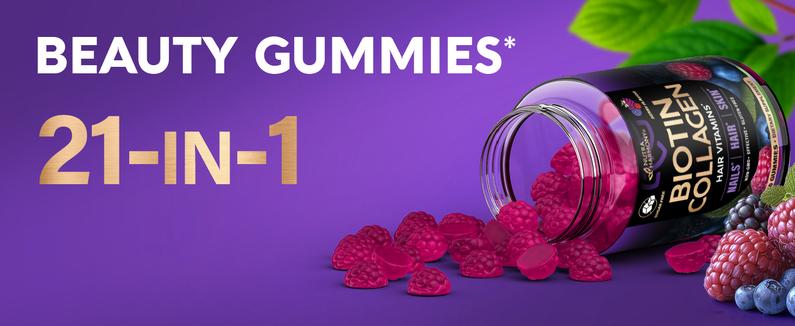 Biotin Gummies Sugar-Free with Collagen for Hair Growth Support Skin, & Nail Strength for Women & Men. Biotin 10000mcg, Keratin, Hyaluronic Acid, B-Complex, Saw Palmetto. 60 Gummies Antioxidant Rich Supplement