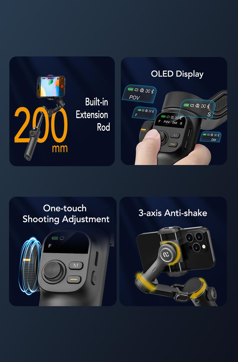 AOCHUAN Gimbal Stabilizer for iPhone, 3-Axis Smartphone Gimbal Built in 7.8' Extension Rod, Portable Gimbal Stabilizer w/OLED Display for iPhone/Android, Perfect for TikTok YouTube Vlogging-Smart X2-2