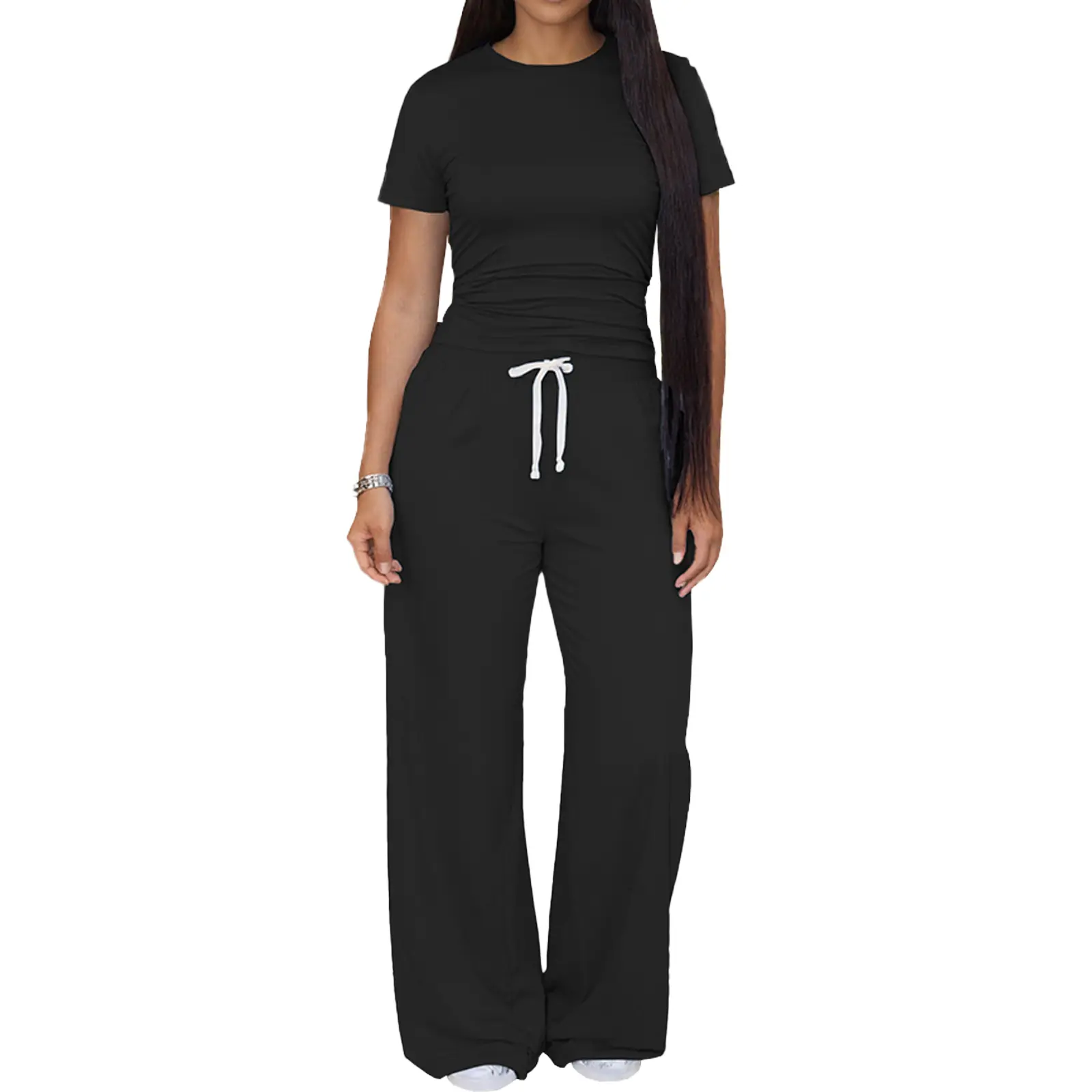 USBOUTIQUE CHIC Women's Stretchy Comfortable Two Piece Outfit Round Neck Short Sleeve Ruched Top High Waist Drawstring Wide Leg Pants Casual Everyday Curvy-Friendly