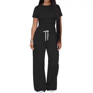 USBOUTIQUE CHIC Women's Stretchy Comfortable Two Piece Outfit Round Neck Short Sleeve Ruched Top High Waist Drawstring Wide Leg Pants Casual Everyday Curvy-Friendly