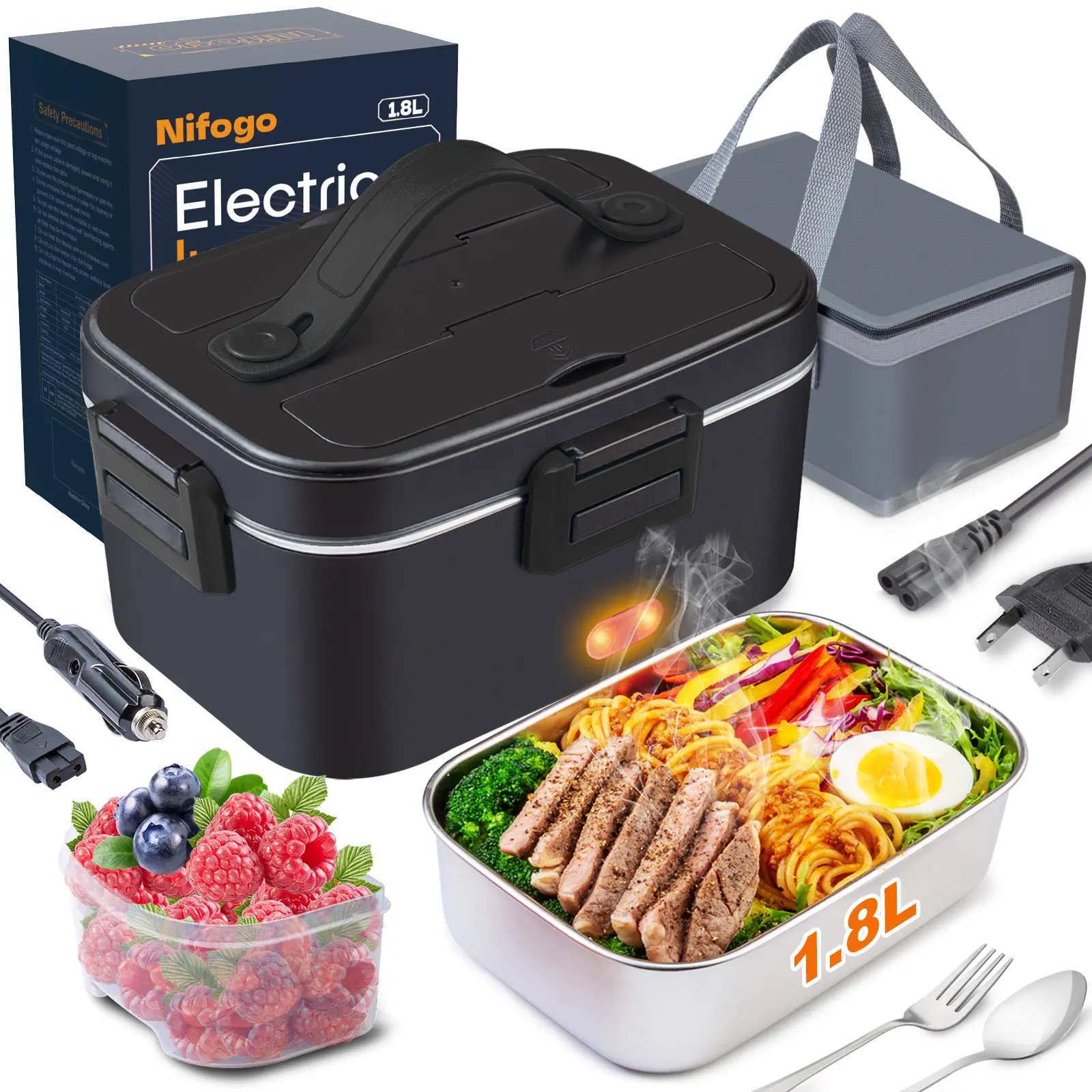 1.8L&100W Electric Heated Lunch Box Fast Heating, Food-Grade 304 Stainless Steel, 12V/24V/110V Portable Food Warmer for Car Truck Office Adults, Lonchera Electrica Portatil