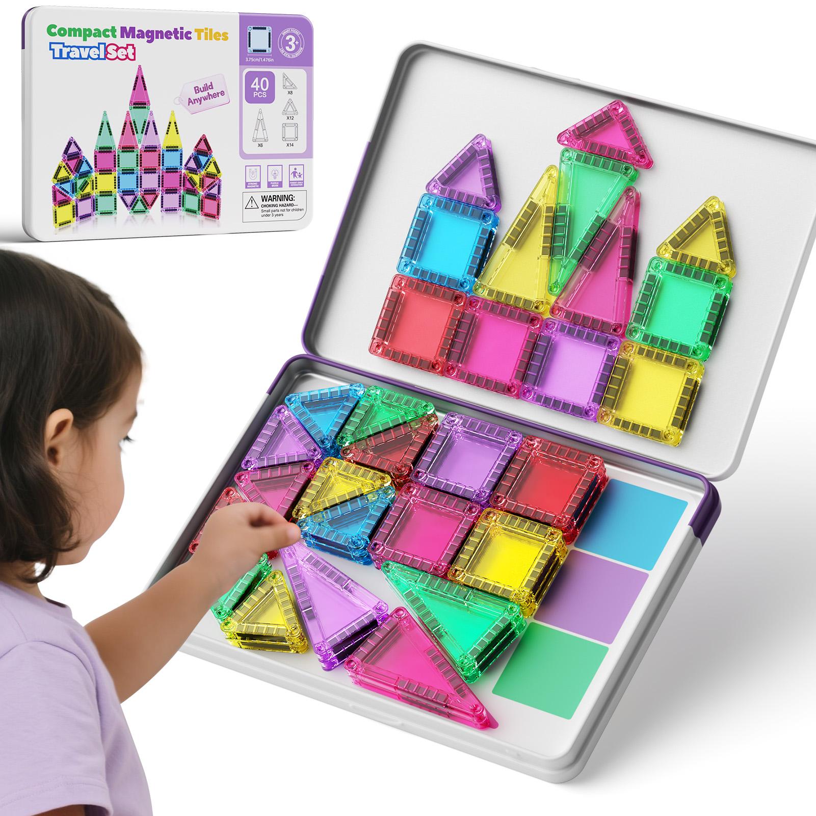 Mini Magnetic Building Blocks, 40 Pieces - Montessori Education Magnetic Travel Building Set, with Iron Storage Box, Airplane-Shaped Toy, Suitable as a Birthday Gift for Boys and Girls, and an Essential for Outdoor Camping Trips.