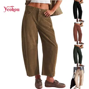 Yeokou Women's Corduroy Pants Barrel Mid-Rise Elastic Waist Cord Pants Casual Wide Leg Baggy Trouser with Pockets Womenswear