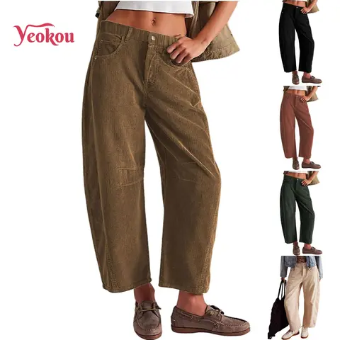 Yeokou Women's Wide-Leg Corduroy Barrel Pants, Mid-Rise Slouchy Ankle-Length Trousers with Elastic Waist, Button, Toggle, 4 Pockets, Tapered H-Type Textured Woven Plain Bottoms, Korean Chic Elegant Daily Wear, XL, Wide-Leg Corduroy Pants