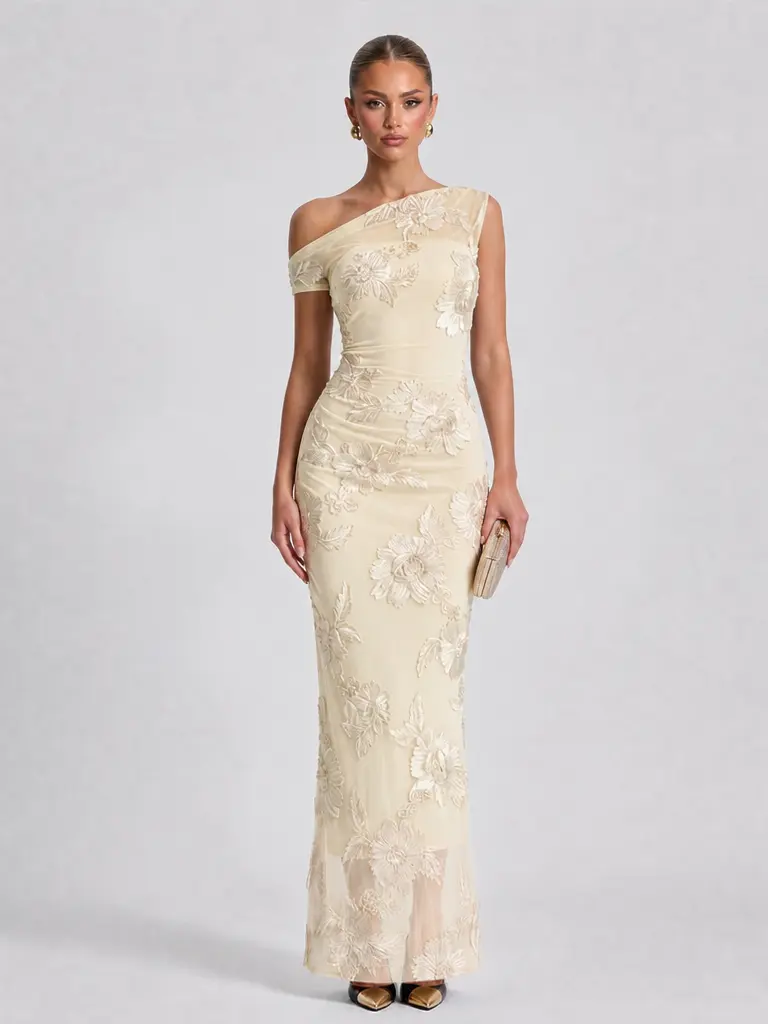 LikeMyChoice 2026 Women's Elegant Off-Shoulder Mesh Lace Midi Bodycon Dress with 3D Floral Applique for Formal Party, Evening Events